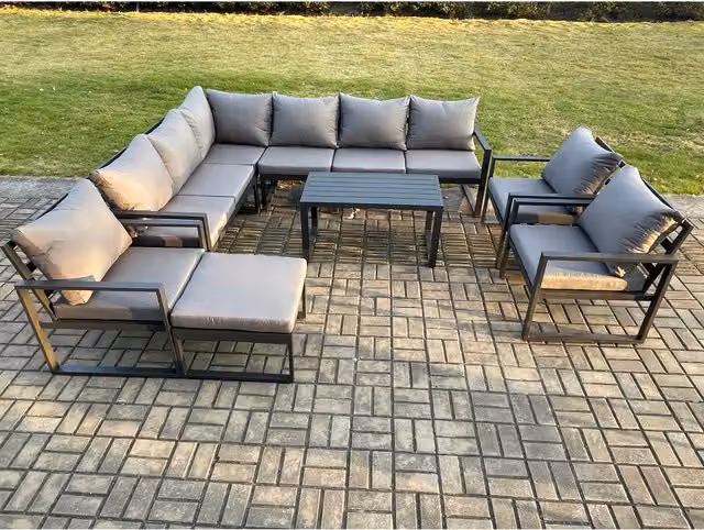 Fimous Powder Coated Aluminium L-Shape Corner Sofa Set in Dark Grey with Coffee Table and Ottoman