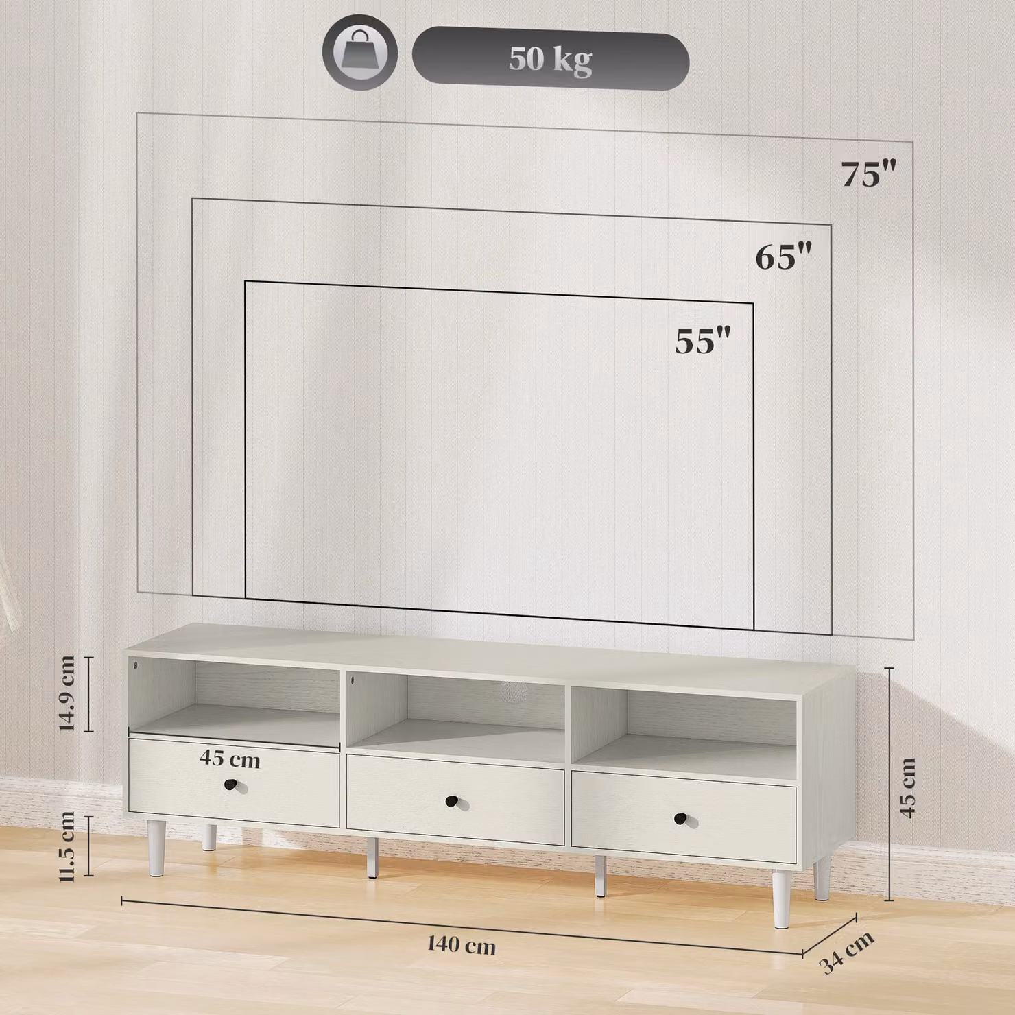 HOMCOM Modern TV Unit and Cabinet for up to 75 inch Screens with Drawers and Shelves in Cream White and Beige Matt Finish – 3