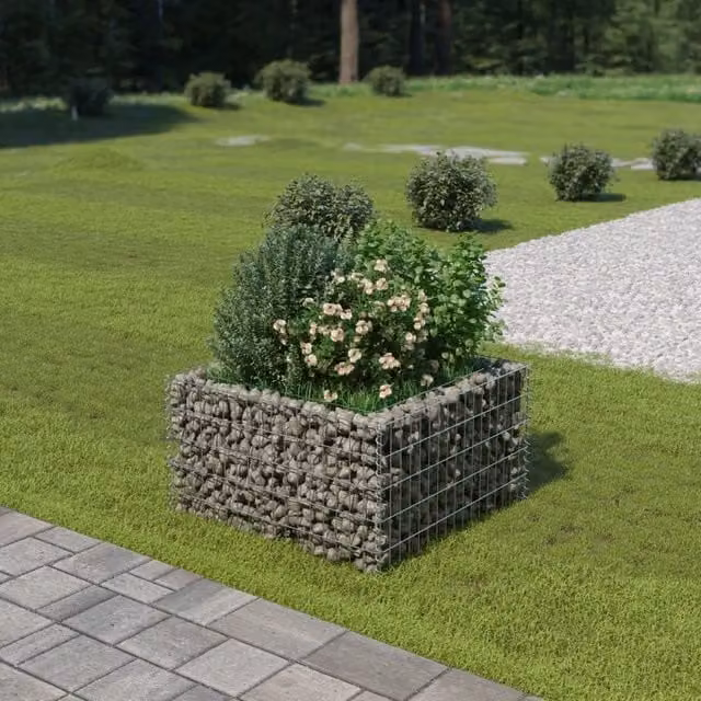 Berkfield Home Silver Galvanised Steel Stone Gabion Raised Bed, W/D/H: 90 x 90 x 50 cm