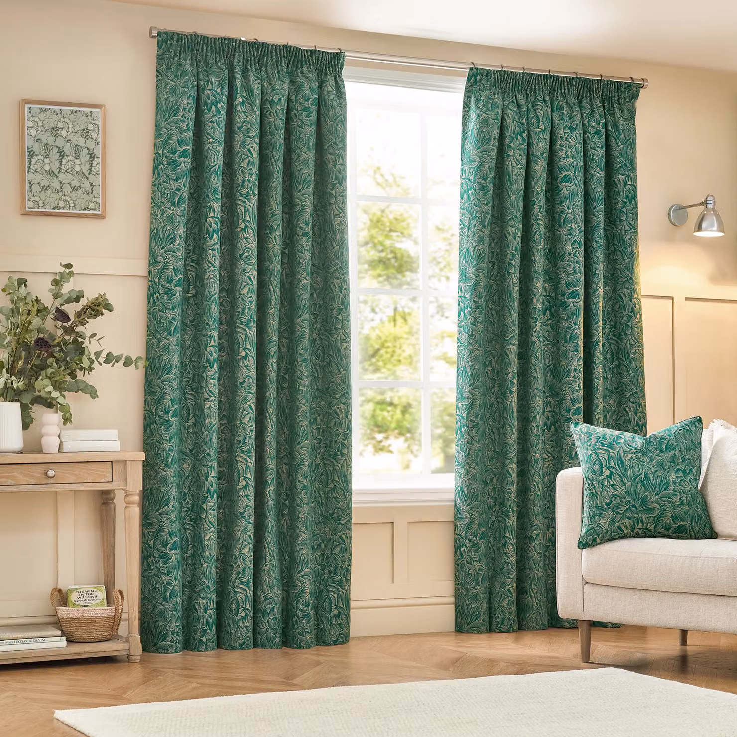 Wylder Nature Grantley Floral Jacquard Pencil Pleat Curtain Pair in Green, Width: 168 cm, Drop: 229 cm – 2