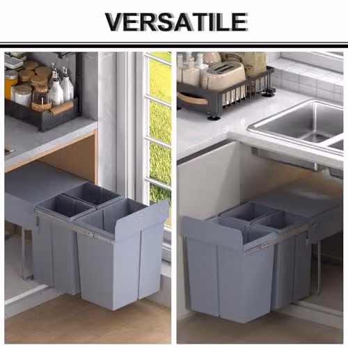 HOMCOM 40L Pull-Out Kitchen Waste Bin with Soft Close and Sensor, 3 Compartments, Grey – 6