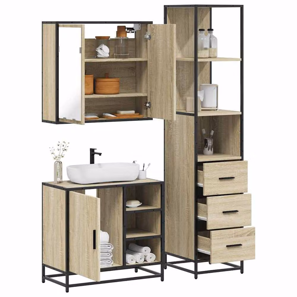 Berkfield Home 3 Piece Industrial Bathroom Furniture Set in Brown Sonoma Oak Engineered Wood – 2