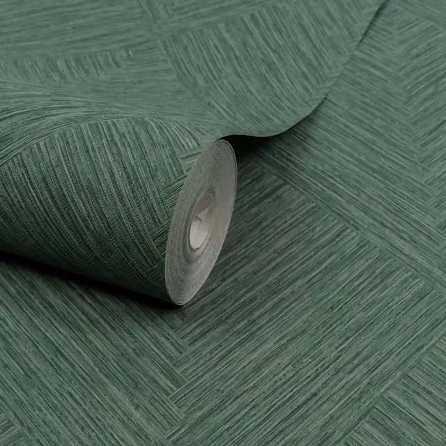 Grandeco Boutique Loni Geometric Weave Luxury Embossed Wallpaper in Forest Green