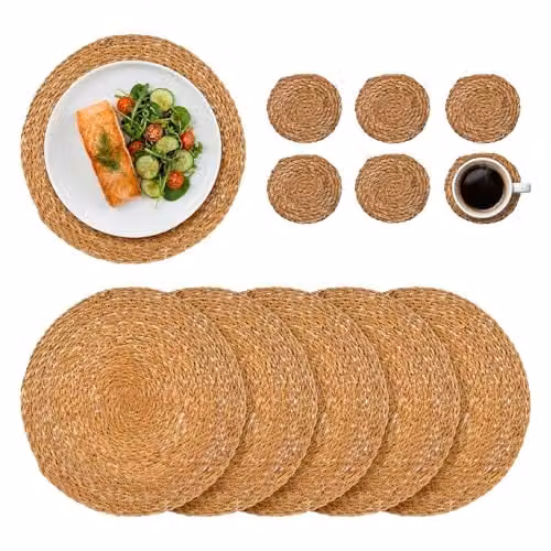 Argon Tableware 12pc Round Rattan Placemats and Coasters Set in Brown – 1