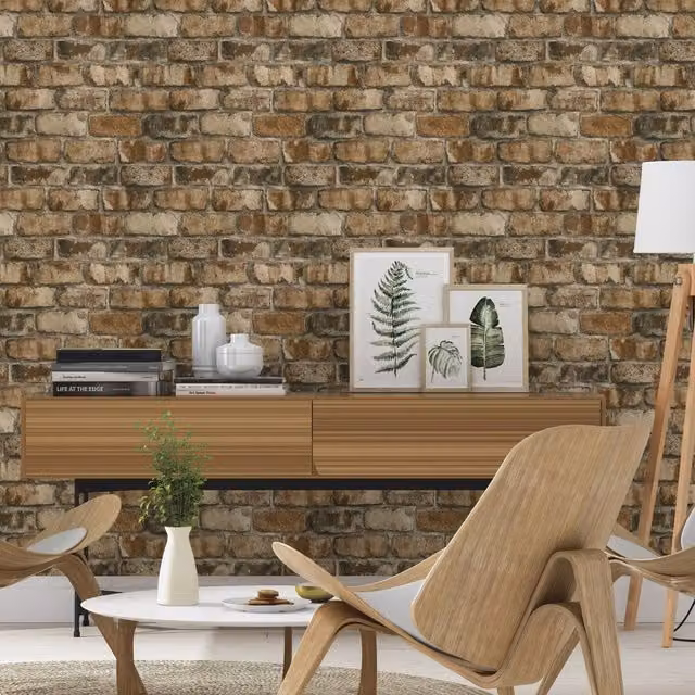 Rasch Clayton Rustic Industrial Brick Self Adhesive Peel and Stick Textured Wallpaper in Brown and Beige Matt