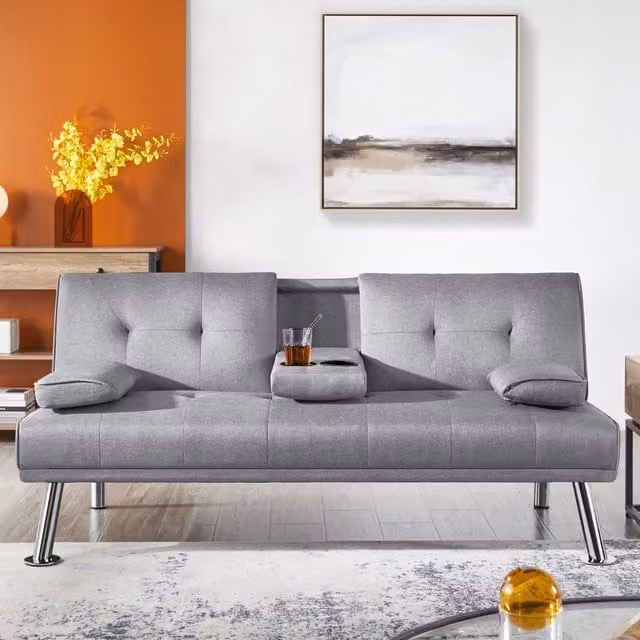 Yaheetech Modern Click-Clack Convertible Sofa Bed with Cup Holders in Grey Faux Leather