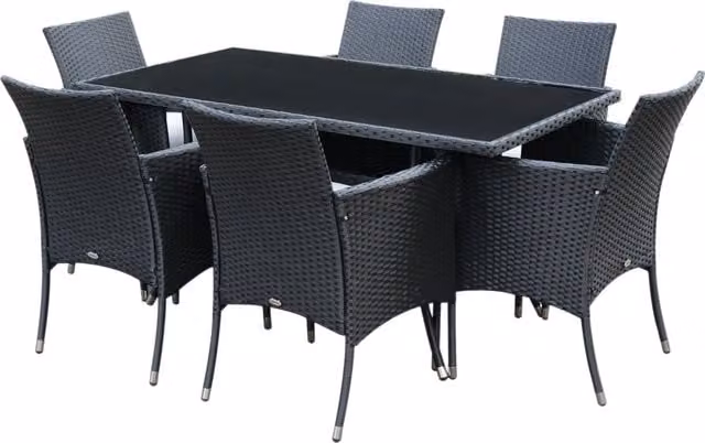 Outsunny 6-Seater Rattan Dining Set with Rectangular Glass Table and Cube Chairs in Black