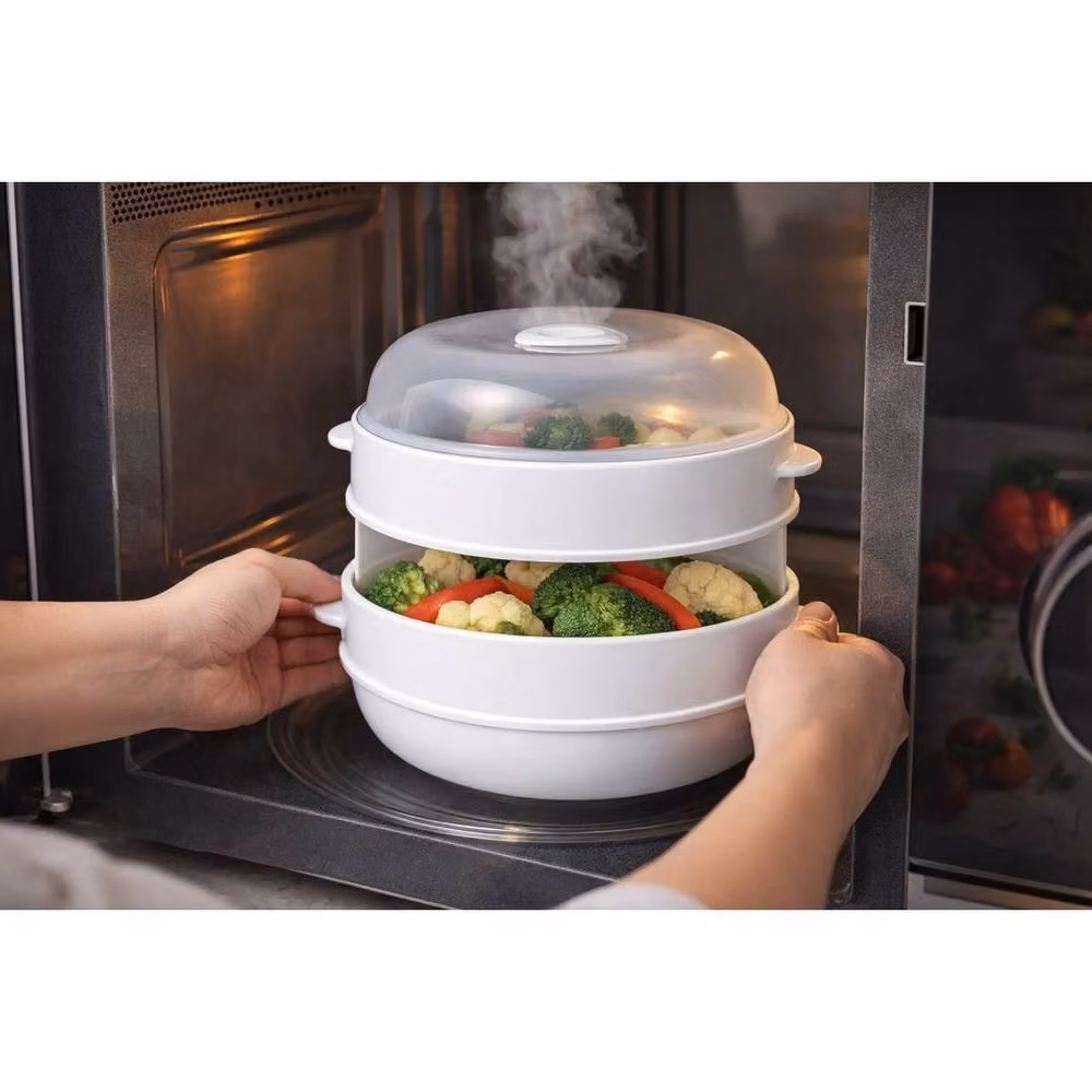 Havendro 2 Tier Microwave Vegetable Steamer Cooker Pot for Pasta and Rice in White – 3