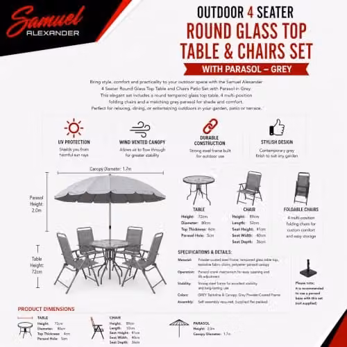 Samuel Alexander 4 Seater Outdoor Patio Set with Round Glass Top Table, Chairs and Parasol in Grey – 4