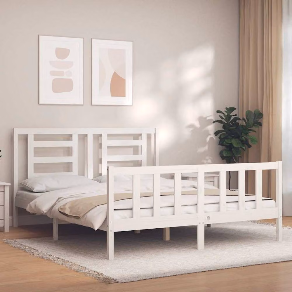 Berkfield Home Solid Wood Bed Frame with Headboard in White, W/D/H: 160 x 200 cm – 2