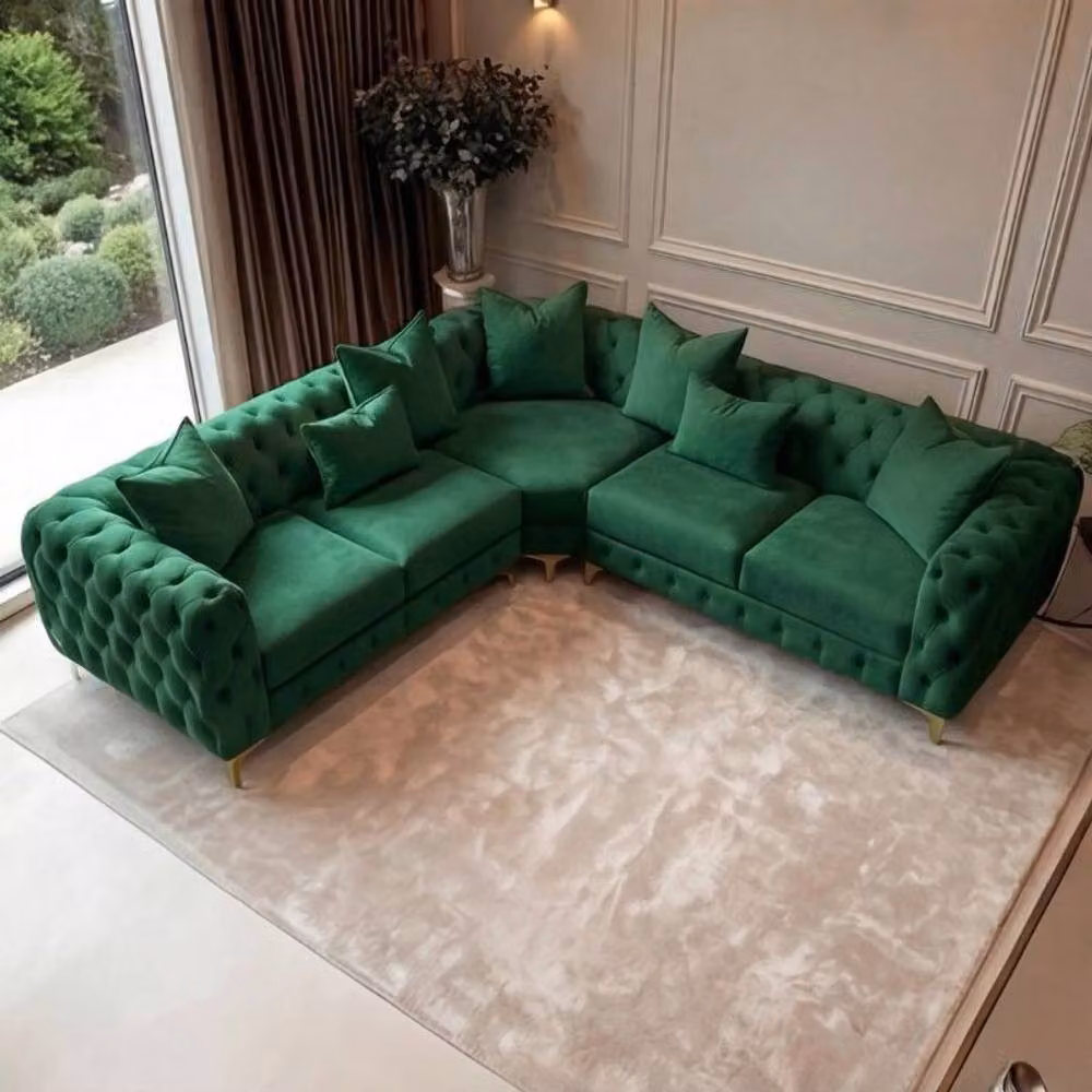Sofaya Monaco 5 Seater Chesterfield Corner Sofa in Green Velvet, Left Facing L-Shape with Chaise, W: 220 cm, D: 70 cm – 2