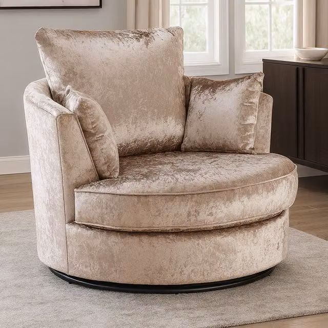 Furnishings For Less UK Crystal Crushed Velvet 360 Degree Swivel Tub Chair in Beige