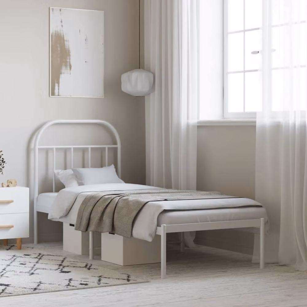 Berkfield Home Metal Bed Frame with Headboard in White, W/D/H: 75 x 190 x 75 cm – 2