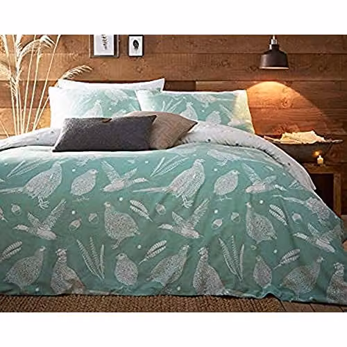 Creative Cloth Moorland Birds Reversible Polycotton Duvet Set and Pillowcase, Green and White, W/D/H: 200 x 200 cm – 1