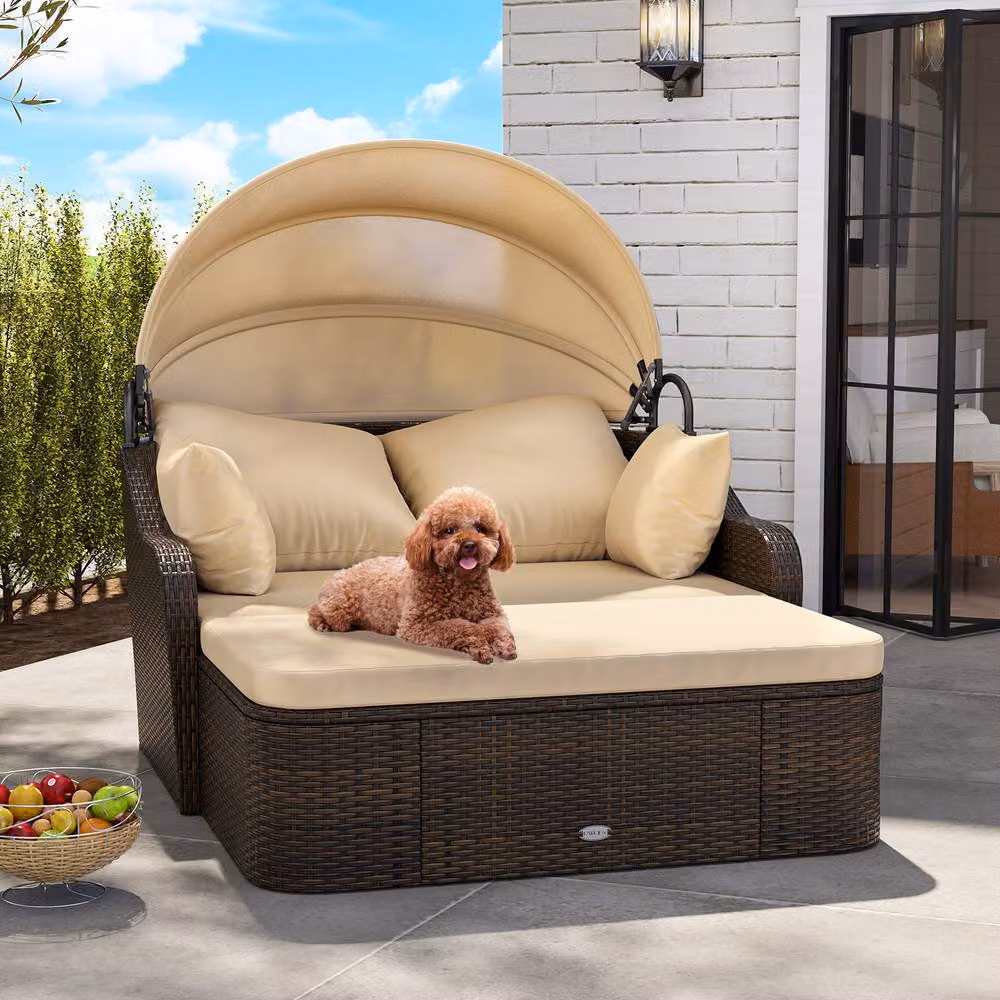 Costway Modern PE Rattan Patio Daybed with Retractable Canopy in Beige – 10