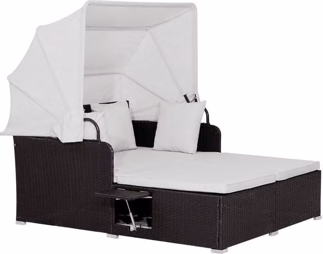 Costway Hand-Woven PE Wicker Daybed Patio Loveseat Sofa Set with Retractable Canopy in White – 1