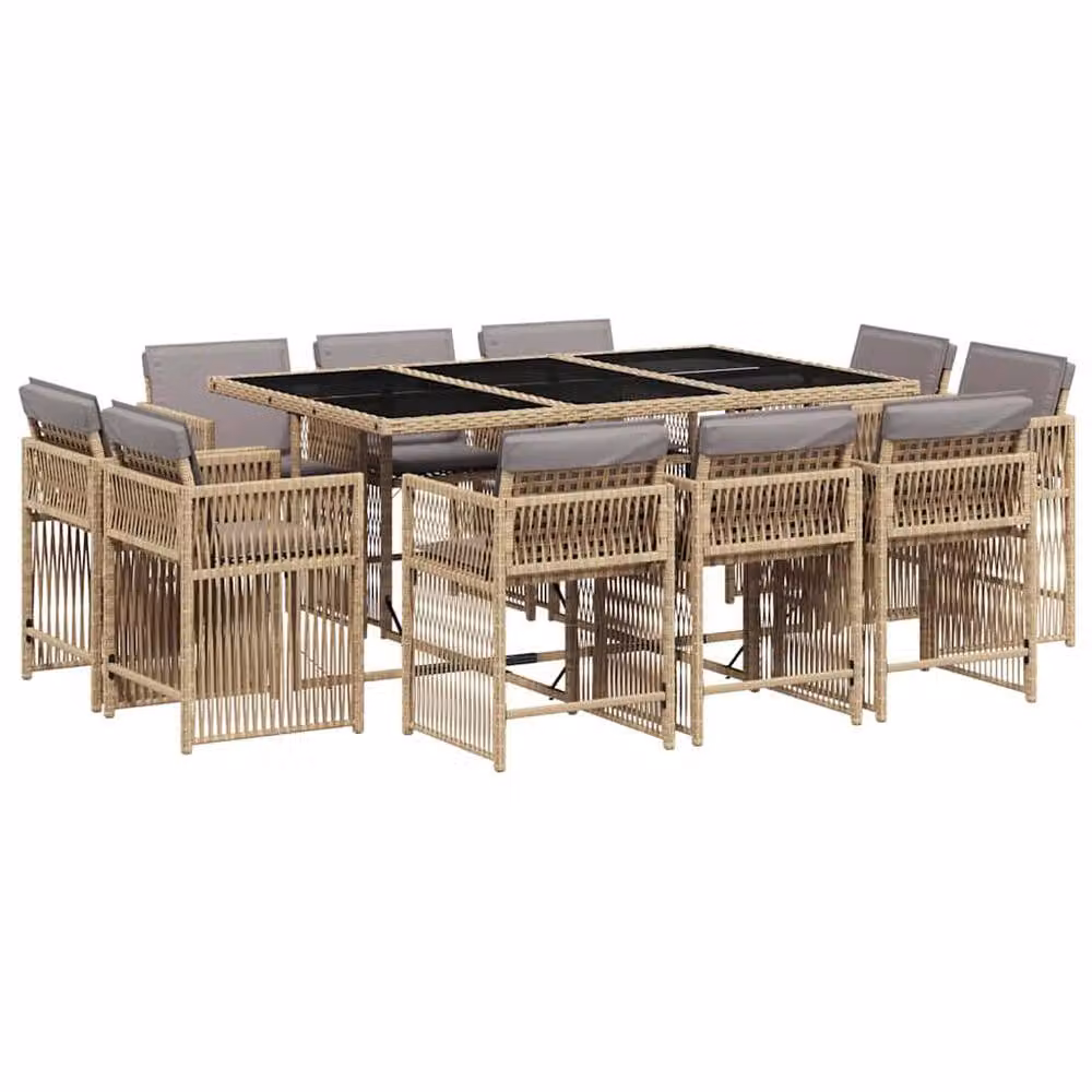 Berkfield Home 11 Piece Poly Rattan Garden Dining Set with Cushions and Glass Top in Beige – 2