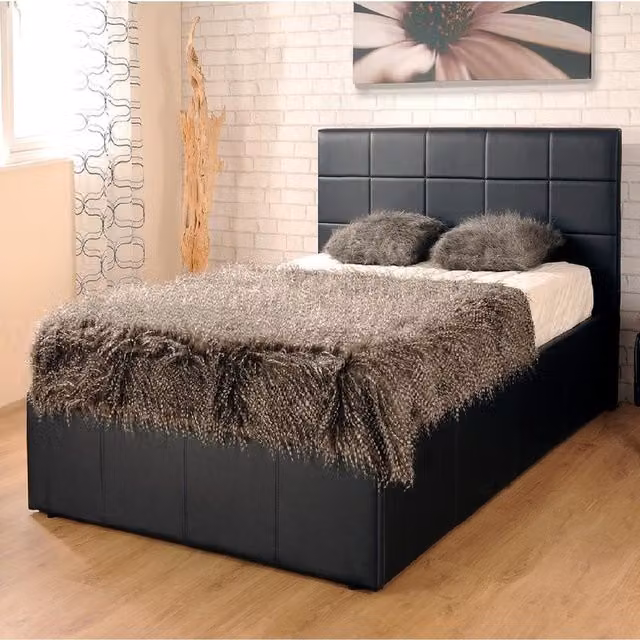 Comfy Living Black Faux Leather Gas Lift Ottoman Bed, W: 140 cm, L: 200 cm