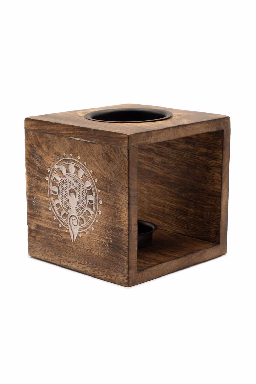 KDMD Large Mango Wood and Metal Moon Goddess Celestial Oil Burner with Tealight Holder in Brown and White – 2