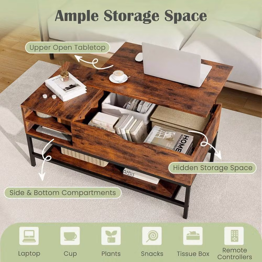 NESTLUNE Industrial Brown Rectangular Coffee Table with Lift Mechanism and Metal Legs – 2