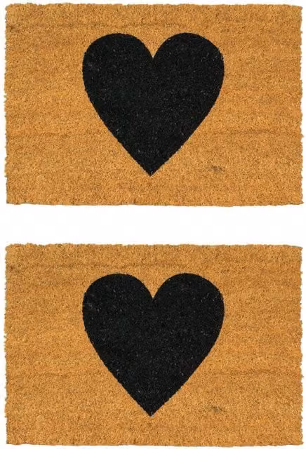 Nicola Spring Coir Door Mats with Black Heart Design, Pack of 2, Brown, W: 60 cm, D: 40 cm