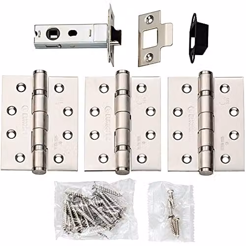 Loops Hinge and Latch Pack with Bolt Through Tubular Latch and 3 x 4 Inch Butt Hinges in Satin Steel