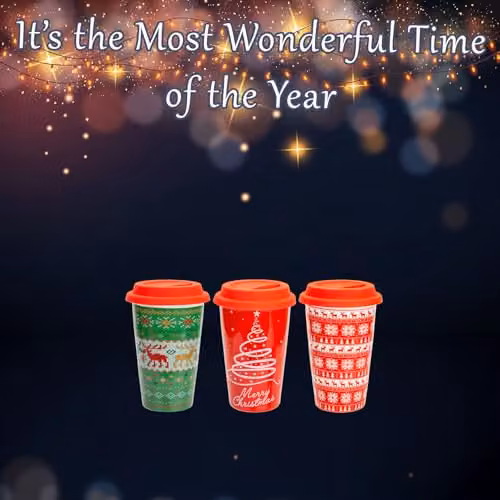 VFM e-Store Christmas Travel Mug in Multicolour Assorted Designs, H 15.7 x W 9.5 x D 9.5 cm – 4