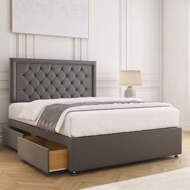 BSSPOKE Nova Plush Velvet Super King Divan Bed Set with 24 inch Headboard, 4 Drawers and Mattress in Grey, W/D/H: 200 x 200 cm