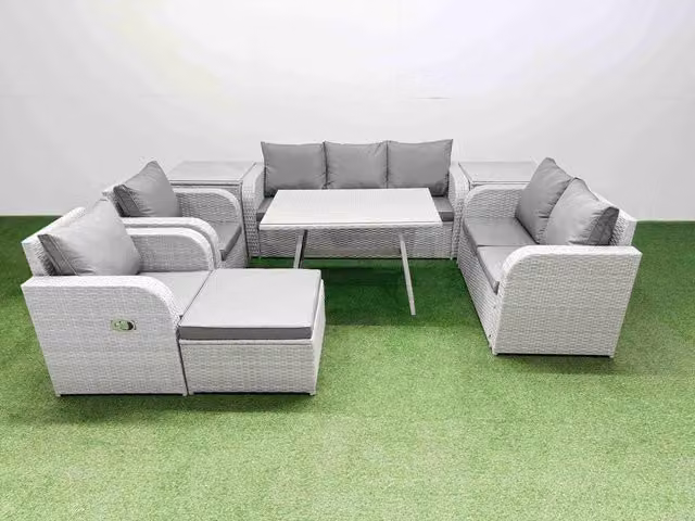 Fimous Modern Outdoor Garden Furniture Set in Light Grey with Rectangular Table, 2-Seater Sofa, Reclining Lounge Armchair, Ottoman and 2 Side Tables