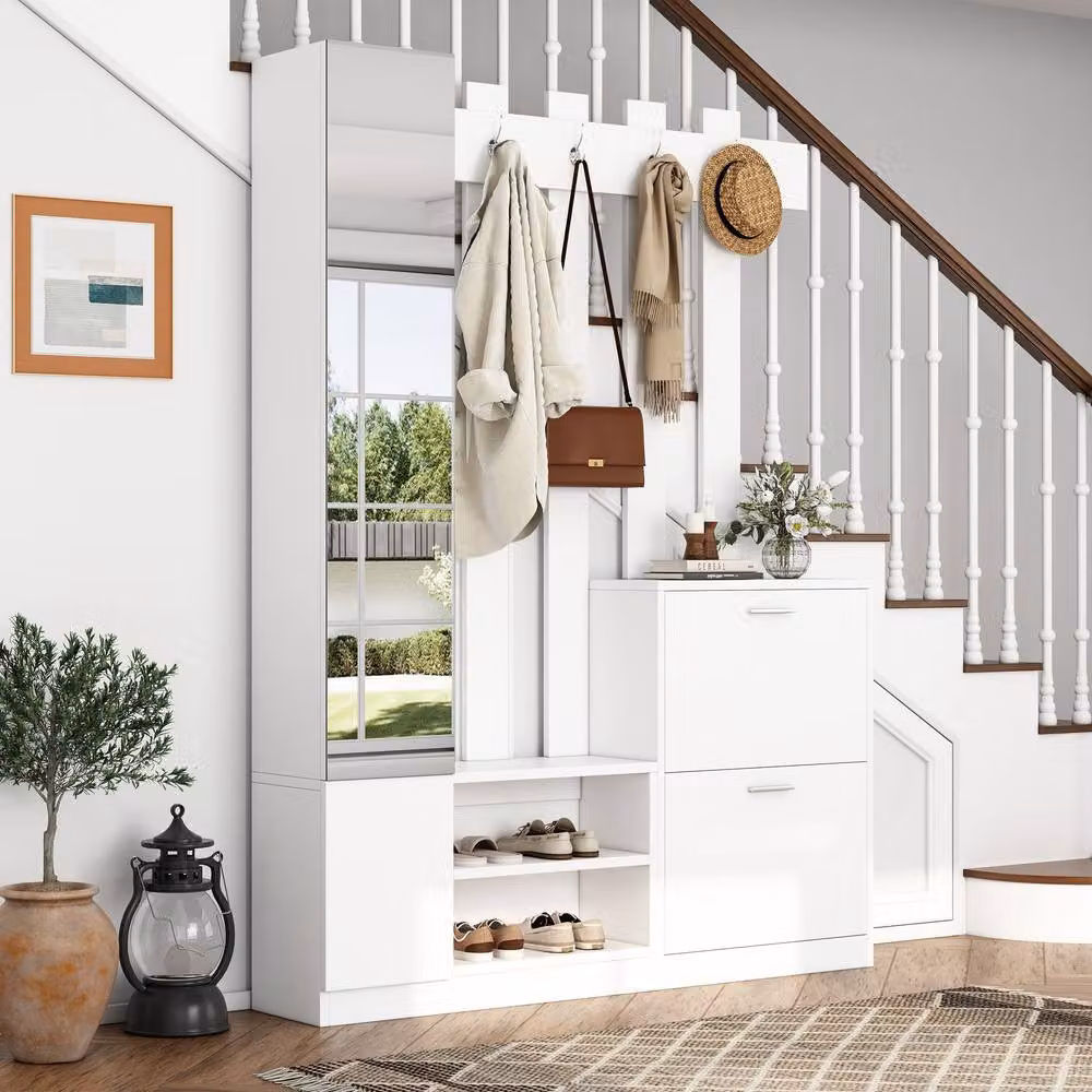 BTM 5-in-1 Modern Hall Tree with Shoe Bench, Mirror and Hooks, White, H 180 x W 135 x D 45 cm – 5