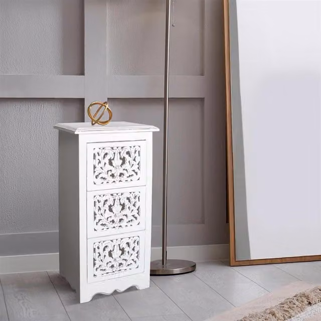 Topfurnishing White Carved 3 Drawer Bedside Cabinet with Floral Design