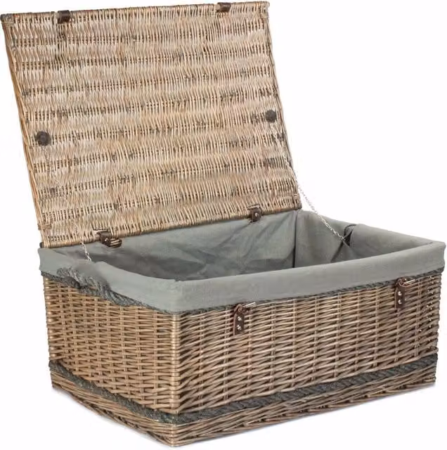 Red Hamper Wicker Trunk with Grey Cotton Lining and Antique Wash Rope Handles – 1