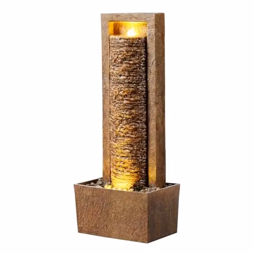 Teamson Home Brown Outdoor Water Feature Tall Cascade Waterfall Fountain with Warm LED Lights and Layered Rock Design – 1