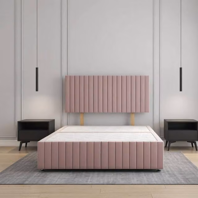 Regional Furnishings Plush Velvet Upholstered Divan Bed Base with 24 inch Headboard in Pink, Small Double, W/D/H: 120 x 200 cm