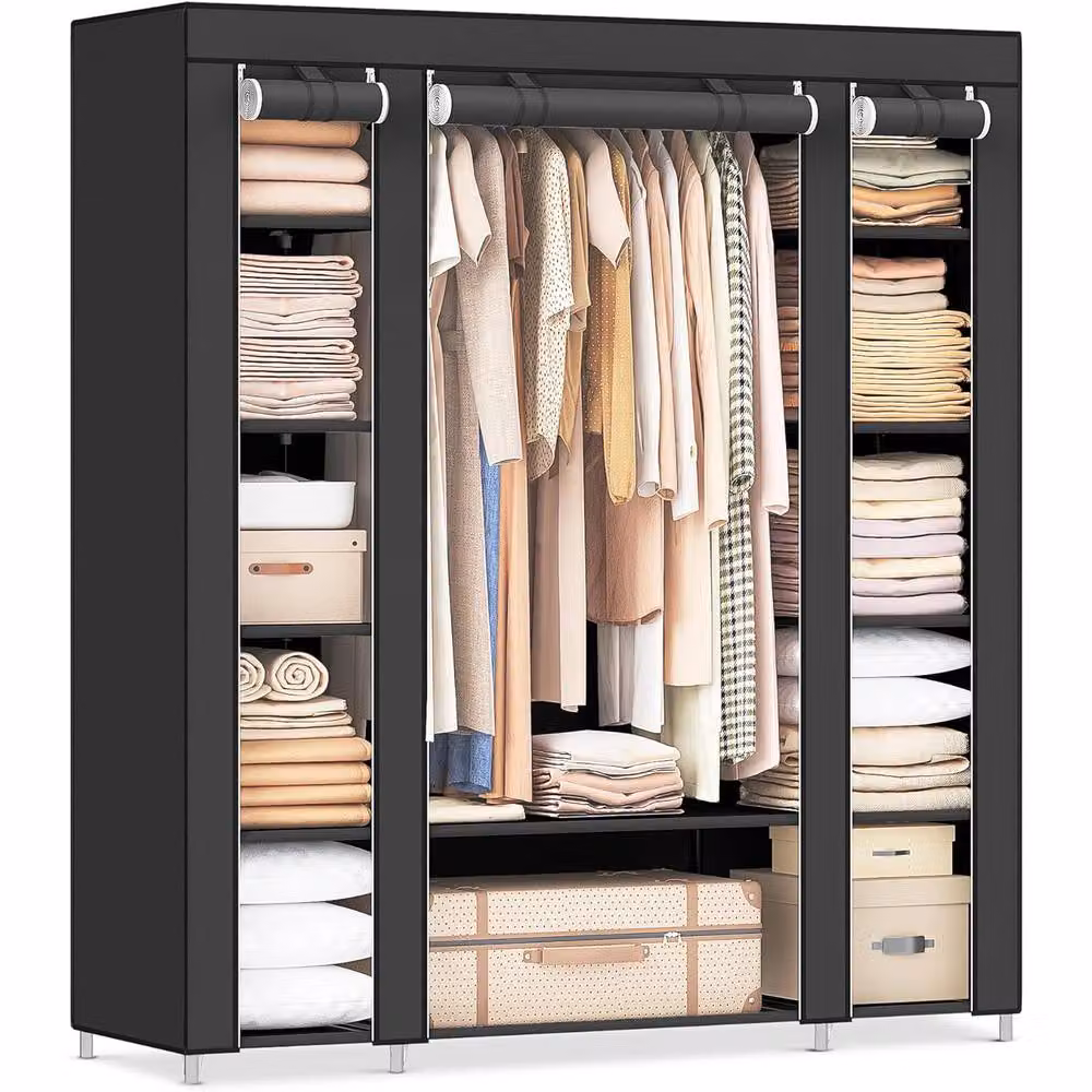 The Bazaarist Portable Fabric Wardrobe with Metal Frame and Roll Shutter Cover, Black, H 175.0 cm x W 150.0 cm – 2