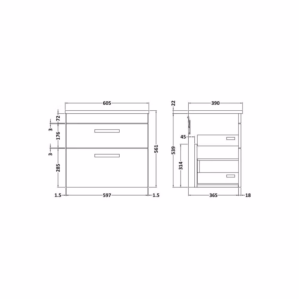 Balterley Millwich 2 Drawer Wall Hung Vanity Unit in Anthracite Grey Woodgrain, W: 60.0 cm, H: 56.1 cm – 2