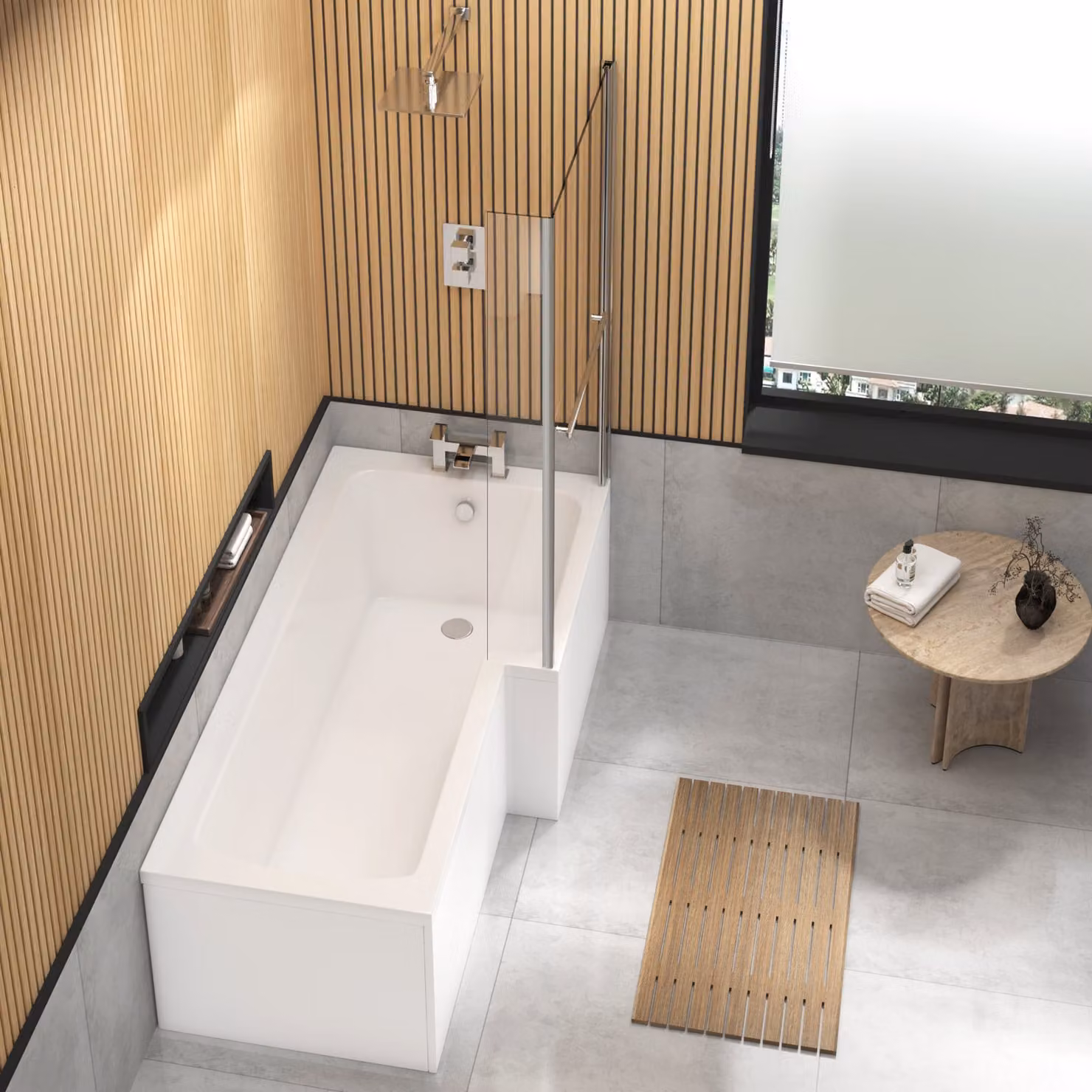 Qubix White Acrylic Right Hand L Shaped Corner Shower Bath with Front Panel, End Panel and Fixed Screen, W: 170 cm, D: 85 cm