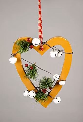Shatchi Wooden Heart Hanging Decoration in Brown, White and Gold, H 23 x W 18 x D 1.2 cm