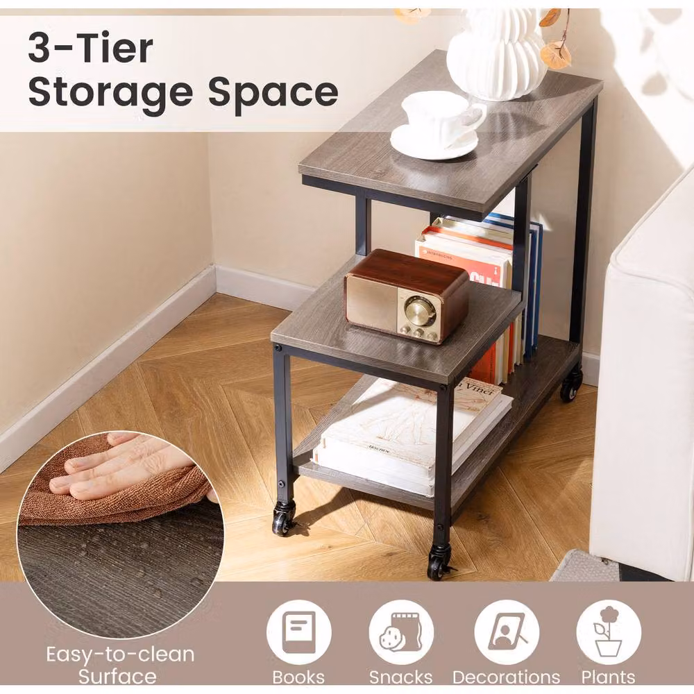Costway G-shaped Rolling End Table in Grey with Castors and Serving Tiers – 5