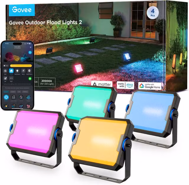 Govee Outdoor LED Flood Lights Pack of 4, Black and Multicolour RGB