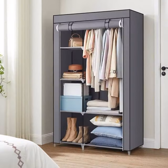 The Bazaarist Fabric Wardrobe with Hanging Rail and Internal Shelves, Grey, W/D/H: 168.0 x 105.0 x 40.0 cm – 1