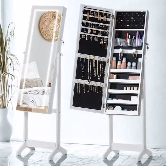 FURNOS White Glossy Free Standing Jewellery Cabinet with Mirror, LED Lighting and Lock, H 151.5 x W 46.0 x D 36.5 cm