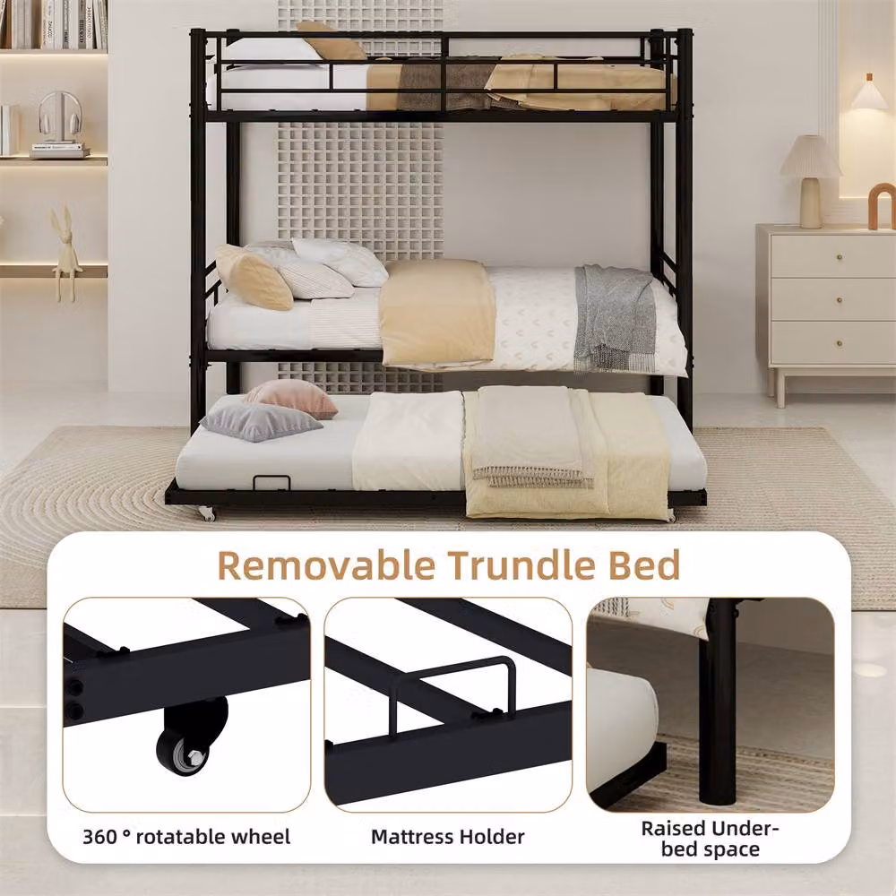Direct Wicker Black Metal Three-Layer Bunk Bed with Pull-Out Bed, Size: 90 x 200 cm – 5