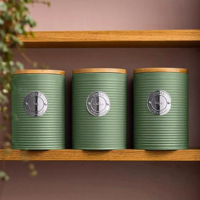 Cooks Professional 3 Piece Ribbed Airtight Kitchen Storage Canister Set in Green and Silver – 1