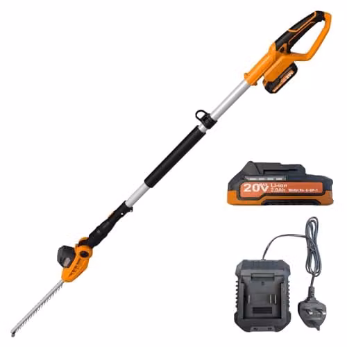 Cordless Long Reach Pole Hedge Trimmer with 420mm Blade and 16mm Teeth in Orange, including 20v Rechargeable Battery and Quick Charger