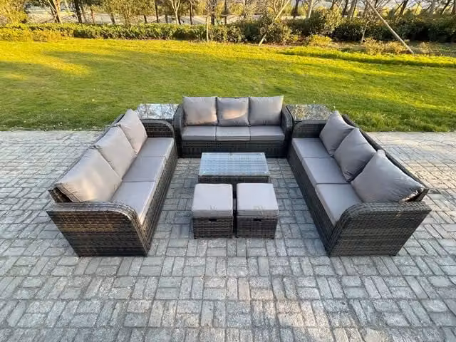 Fimous 11 Seater Rattan Outdoor Garden Furniture Set in Grey with Rectangular Coffee Table, 3 Seater Sofa, 2 Side Tables and 2 Footstools