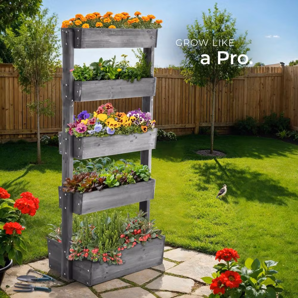 tectake Wooden Raised Bed Planter in Grey, H 180 x W 81 x D 52 cm – 8