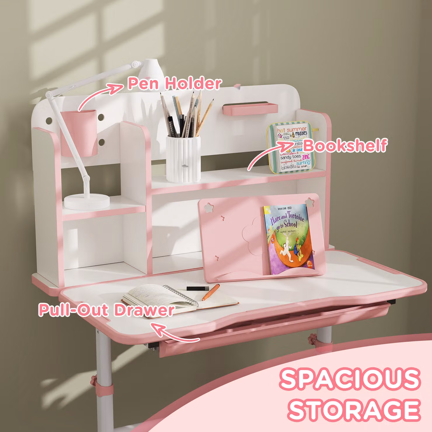 AIYAPLAY Height Adjustable Kids Desk and Chair Set with Tiltable Desktop and Reading Rack, Pink – 3