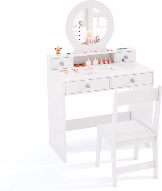 Costway Modern White Kids Dressing Desk and Chair Set with Shelf