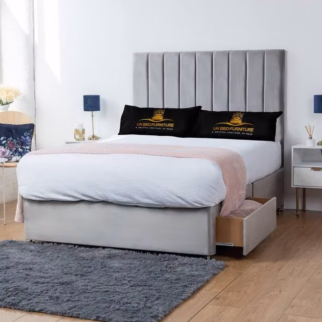 UK Bed Furniture Ashford Small Double Divan Bed with 2 Drawers and 26 Inch Headboard in Silver